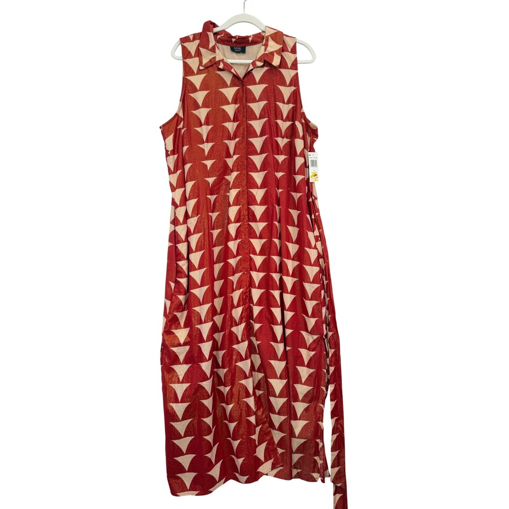 MSK Shirt Dress Women 1X New Rio Red Geometric Metallic Lurex Sleeveless Maxi